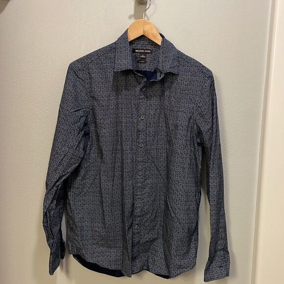 Michael Kors Mens navy blue and white polka dot relaxed fit button down shirt - Picture 2 of 10